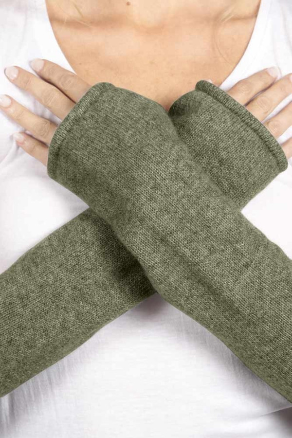 Army Green pure cashmere fingerless long wrist warmer gloves 01
