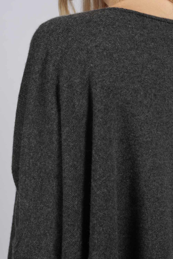 Charcoal Grey pure cashmere short sleeve oversized batwing sweater close-up