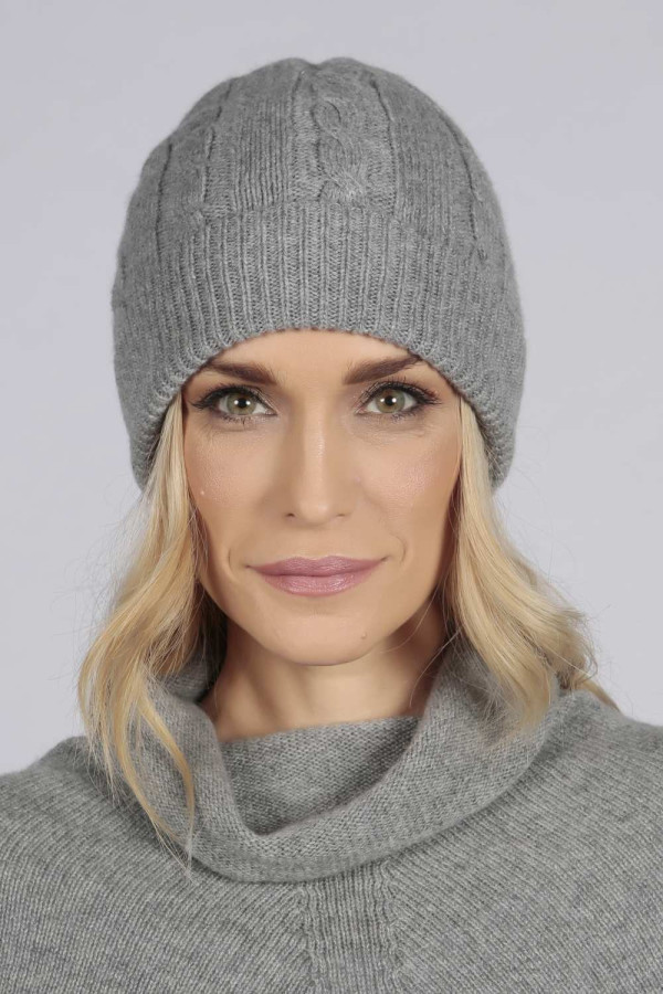 Light grey cashmere beanie hat cable and rib knit front