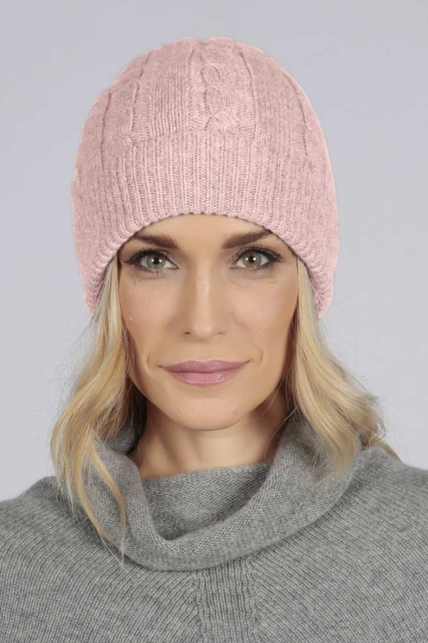 Baby Pink pure cashmere beanie hat cable and rib knit 3