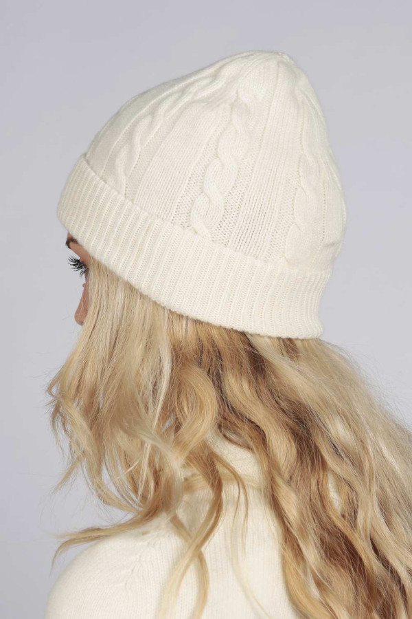Cream white pure cashmere beanie hat cable and rib knit 3