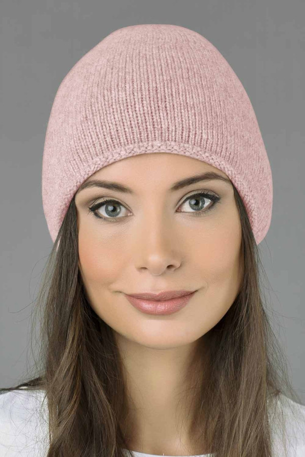 Pure Cashmere Plain Knitted Slouchy Beanie Hat in Baby Pink 03