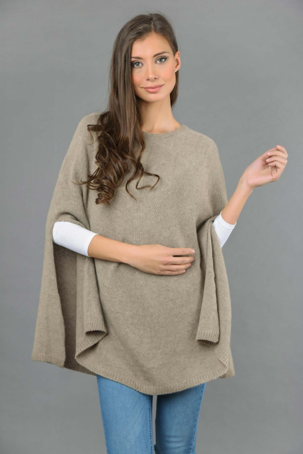 Pure Cashmere Poncho Cape, Plain Knitted in Camel brown