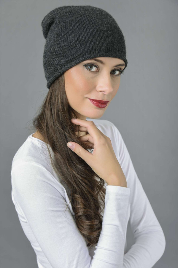 Pure Cashmere Plain Knitted Slouchy Beanie Hat in Charcoal Grey