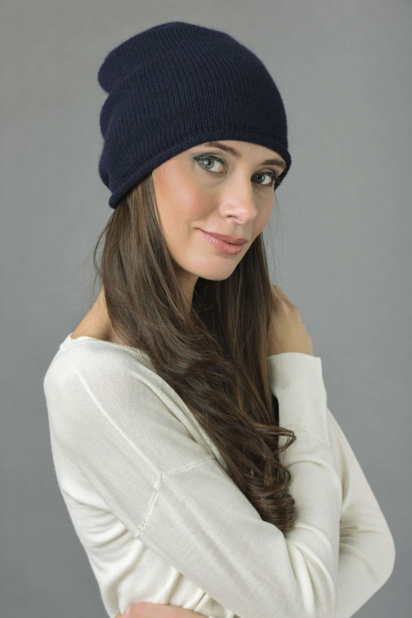 Pure Cashmere Plain Knitted Slouchy Beanie Hat in Navy Blue