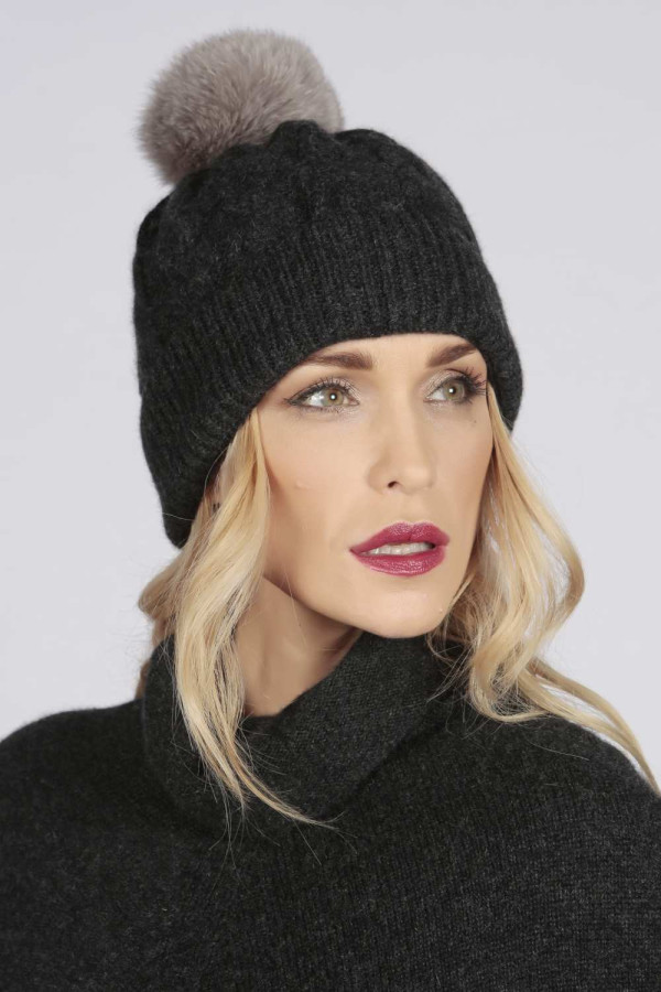 Charcoal Grey pure cashmere fur pom pom cable knit beanie hat
