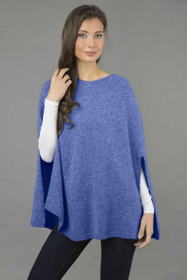 Pure Cashmere Poncho Cape, Plain Knitted in Periwinkle blue
