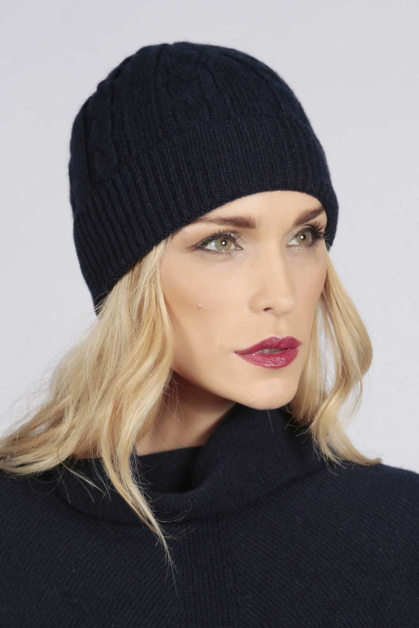 Navy blue cashmere beanie hat cable and rib knit 