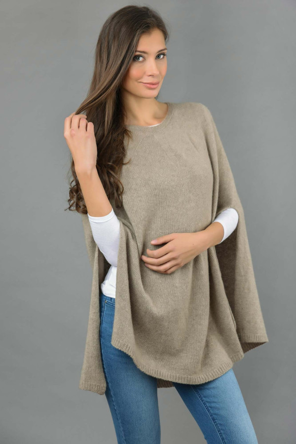 Pure Cashmere Poncho Cape, Plain Knitted in Camel brown | Italy in ...